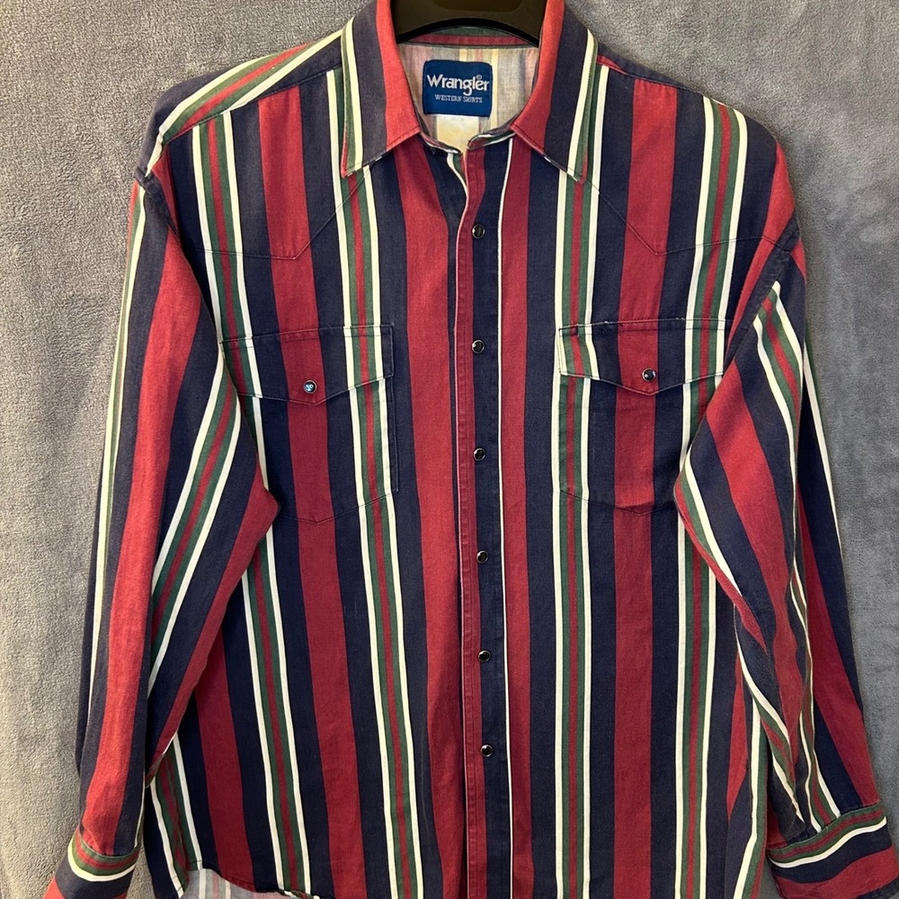 Wrangler Western Shirt Mens Large Red Blue Striped Pearl Snap Long Sleeve